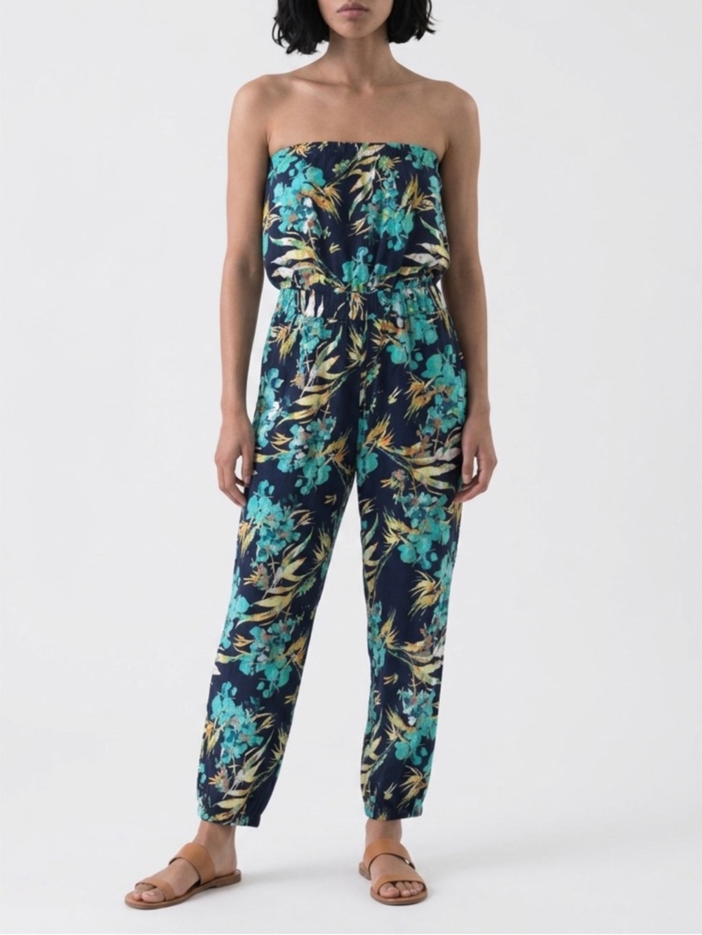 Mudd Strapless Floral Jumpsuit in Teal and Navy